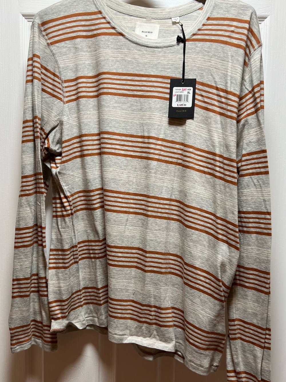Billy Reid Striped Crewneck Long Sleeve Tee - Rust & Heather Gray NWT